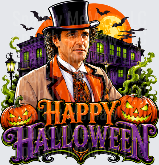 Happy Halloween Victorian Gentleman Top Hat Haunted House Jack-O-Lanterns Full Moon Bats DTF Transfer (fabrics)