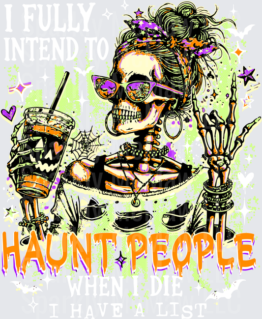 Haunt People Messy Bun Skeleton Woman with Cat Eye Sunglasses and Jack-o-Lantern Iced Coffee Halloween DTF Transfer (Fabrics)