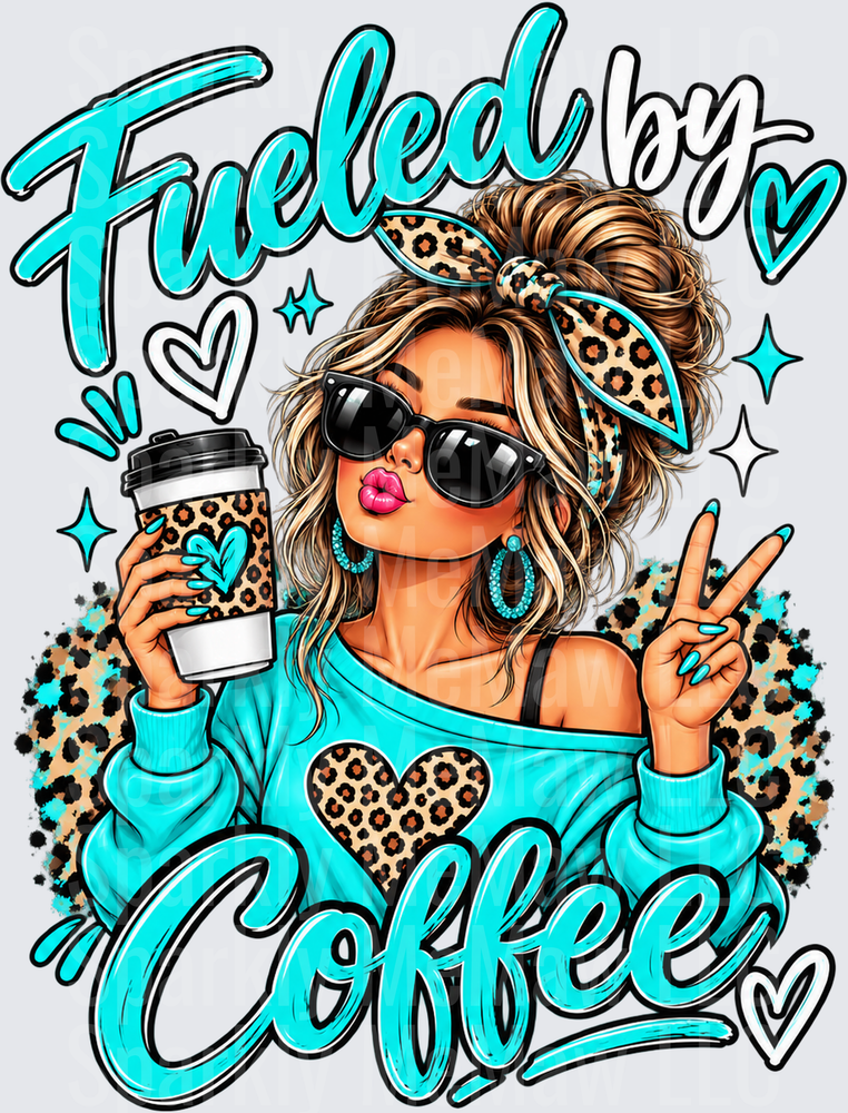 Fueled By Coffee Messy Bun Girl is a DTF Transfer for Fabrics