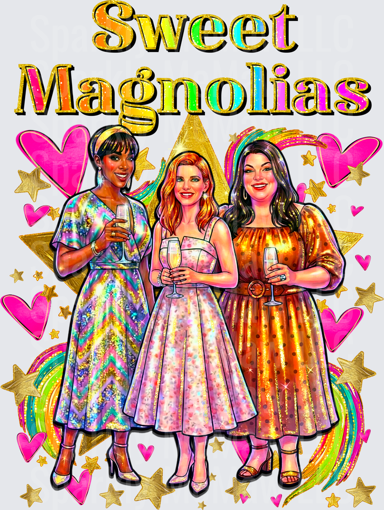 Sweet Magnolias Three Friends Celebrating with Champagne Rainbow Hearts Stars UV DTF Decal