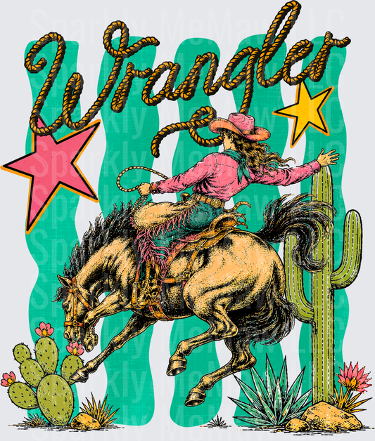 Western Cowgirl Wrangler Rope Text with Bronc Rider and Desert Cactus Scene DTF Transfer