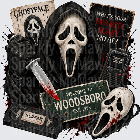 Ghostface Scream Horror Collage Woodsboro Welcome Sign Bloody Knife VHS Tape Unknown Caller Wanted Poster DTF Transfer for fabrics