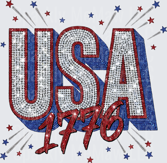USA 1776 Rhinestone Patriotic Fourth of July Design - This is a UV DTF Decal