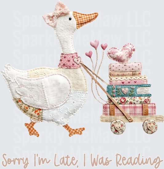 Cottagecore Quilted Goose Pulling Book Wagon with Pink Hearts Sorry I'm Late I Was Reading UV DTF Decal