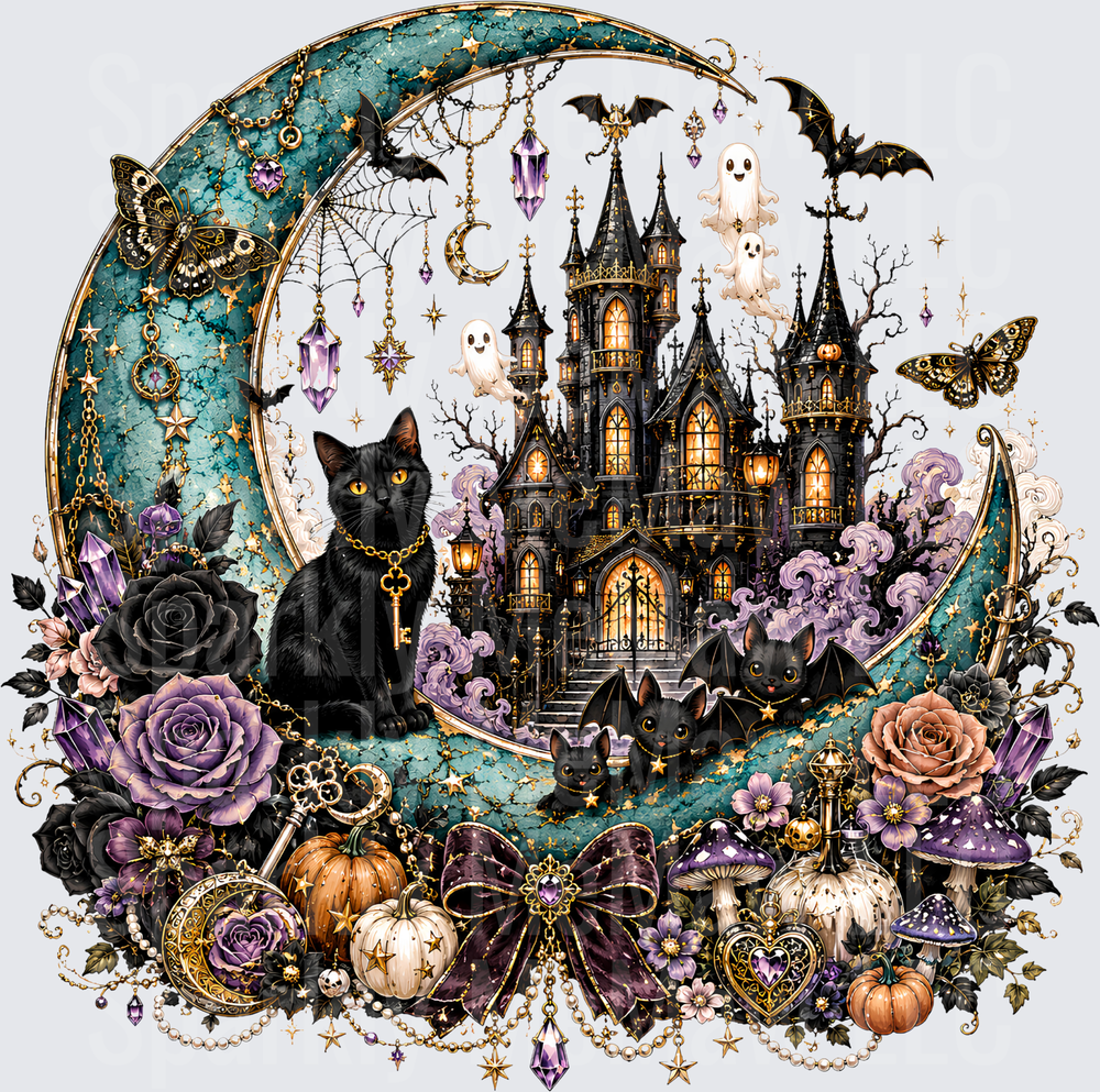Gothic Halloween Haunted Castle Black Cat Crescent Moon Bats Ghosts Purple Roses Crystal Pumpkins Whimsical Witchy UV DTF Decal