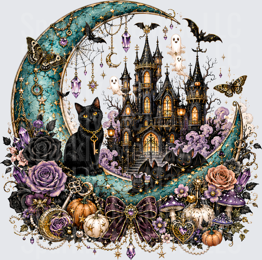 Gothic Halloween Haunted Castle Black Cat Crescent Moon Bats Ghosts Purple Roses Crystal Pumpkins Whimsical Witchy UV DTF Decal