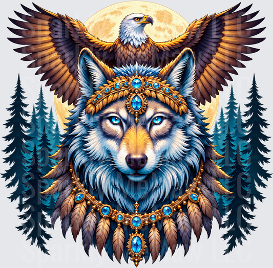 Majestic Wolf Eagle Moon UV DTF Decal