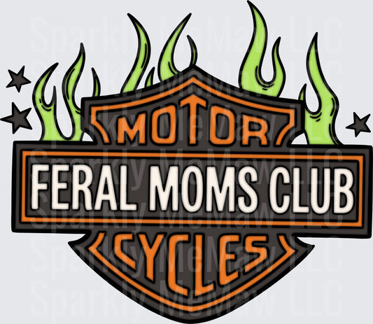 Feral Moms Club Motorcycle Badge with Green Flames UV DTF Decal