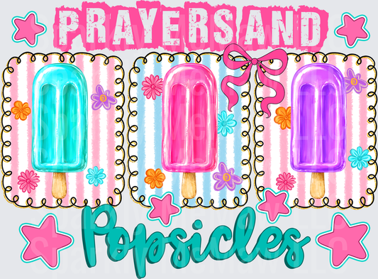 Prayers and Popsicles Colorful Summer DTF Transfer for Fabrics featuring Teal Pink and Purple Ice Cream Popsicles with Floral Accents Pink Bow and Star Details on Striped Background