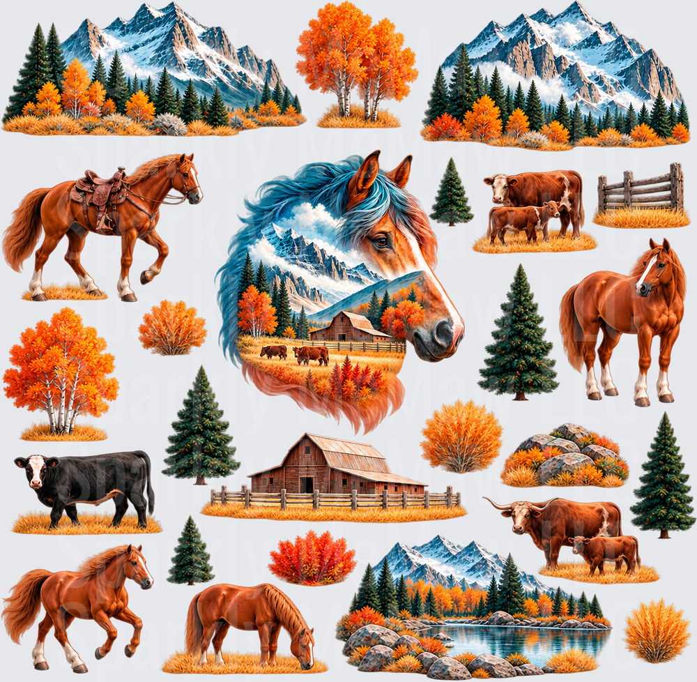 Western Ranch Autumn Farm Scene 10x10 Cut and Stick UV Sheet