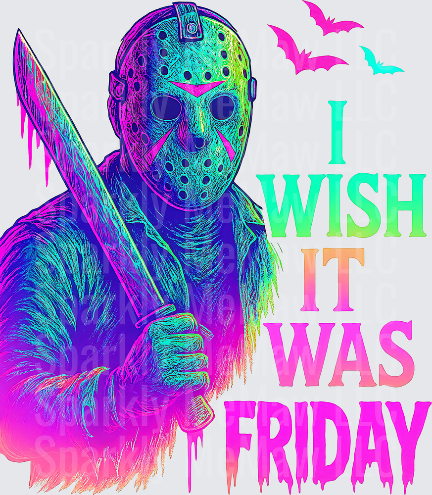 Psychedelic Neon Jason Voorhees I Wish It Was Friday Horror Movie DTF Transfer for Fabric
