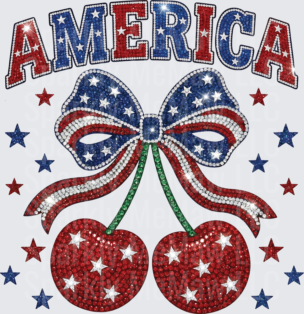 America Patriotic Cherry with Rhinestone Flag Bow and Stars UV DTF Decal