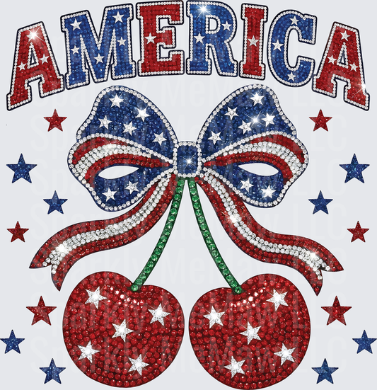 America Patriotic Cherry with Rhinestone Flag Bow and Stars UV DTF Decal