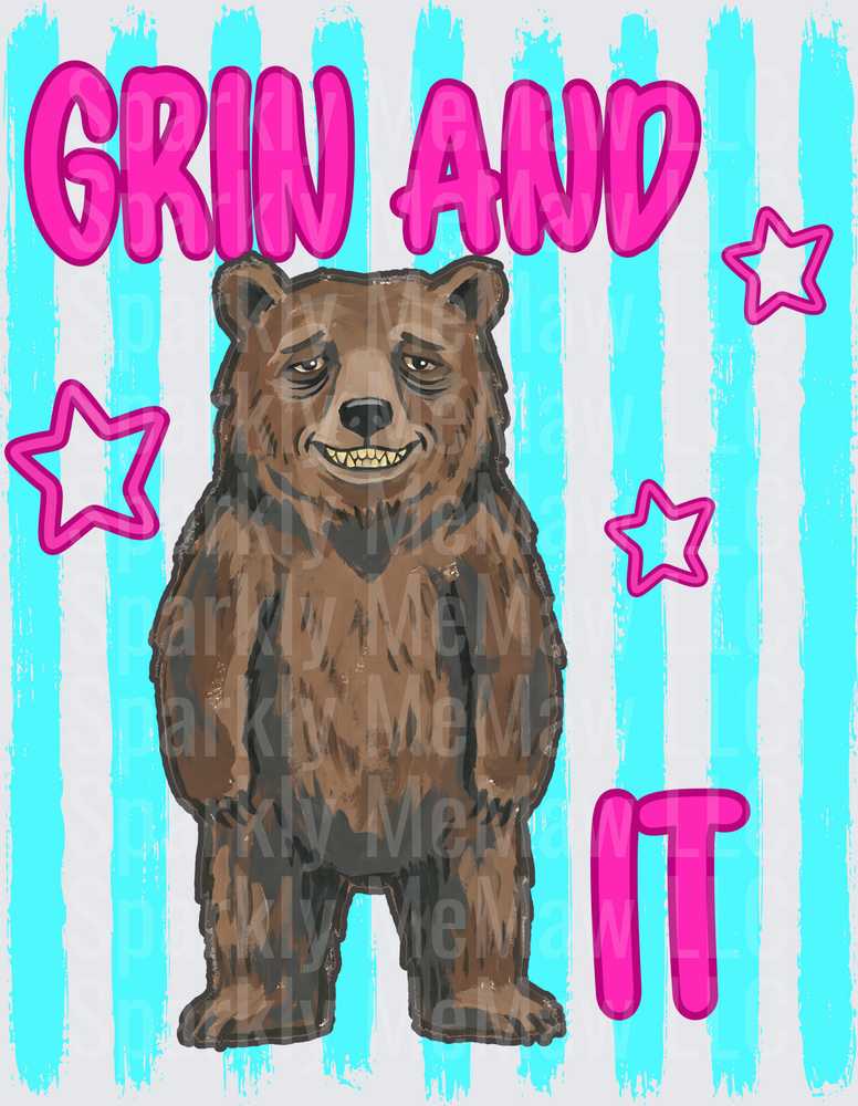 Grin and Bear It Motivational Brown Bear with Pink Stars DTF Transfer for Fabric