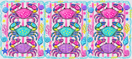 Colorful Beach Crabs with Seashells and Starfish Pattern UV DTF Decal