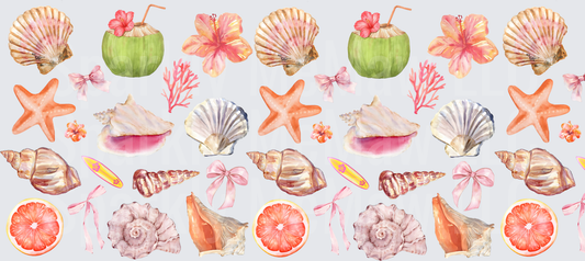 Tropical Beach Seashells Coconut Drinks Hibiscus Flowers Pattern UV DTF 16 oz Wrap
