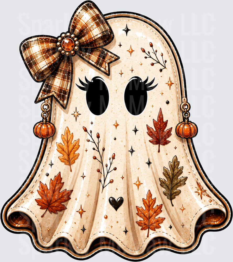Cute Fall Ghost with Autumn Leaves and Plaid Bow DTF Transfer