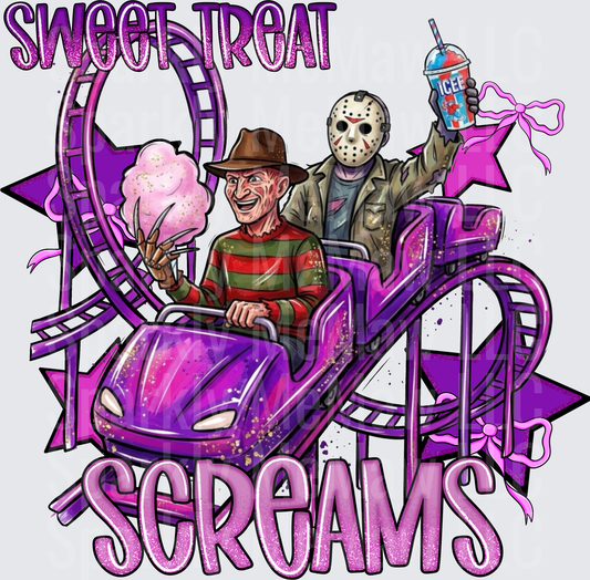 Sweet Treat Screams Freddy Krueger and Jason Voorhees Roller Coaster Cotton Candy ICEE Horror Halloween DTF Transfer for fabrics