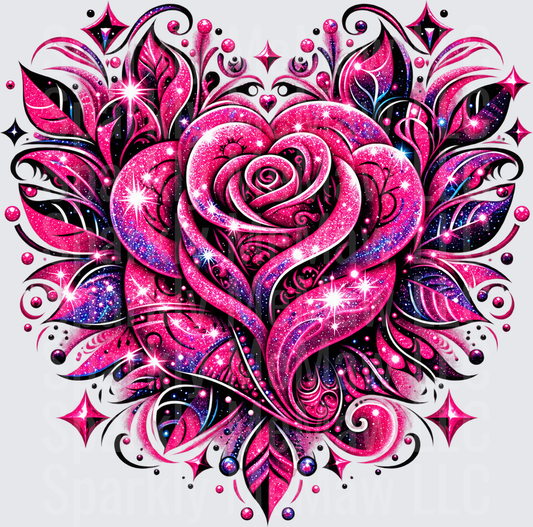 Glittery Pink Rose Heart DTF Transfer for Fabrics