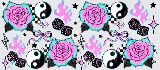 Y2K Aesthetic Pink Roses Yin Yang Dice Flames Pattern