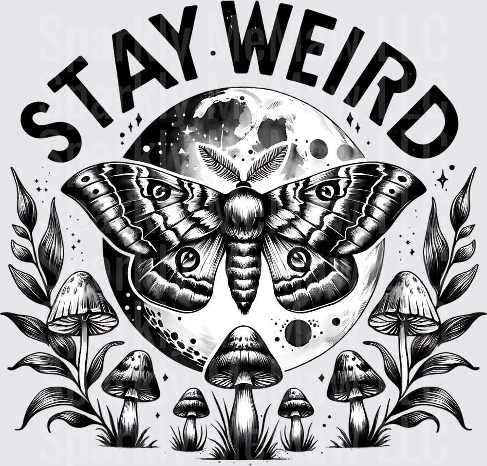 Stay Weird Moon Moth with Mushrooms Black and White Gothic Design UV DTF Decal