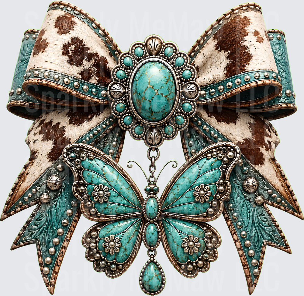 Turquoise Cowhide Bow Butterfly UV DTF Decal