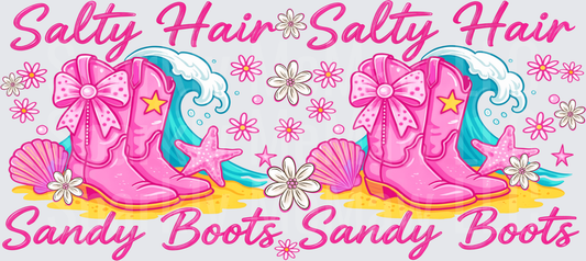 Salty Hair Sandy Boots Pink Cowgirl Boots Beach Waves Design UV DTF 16 oz Wrap