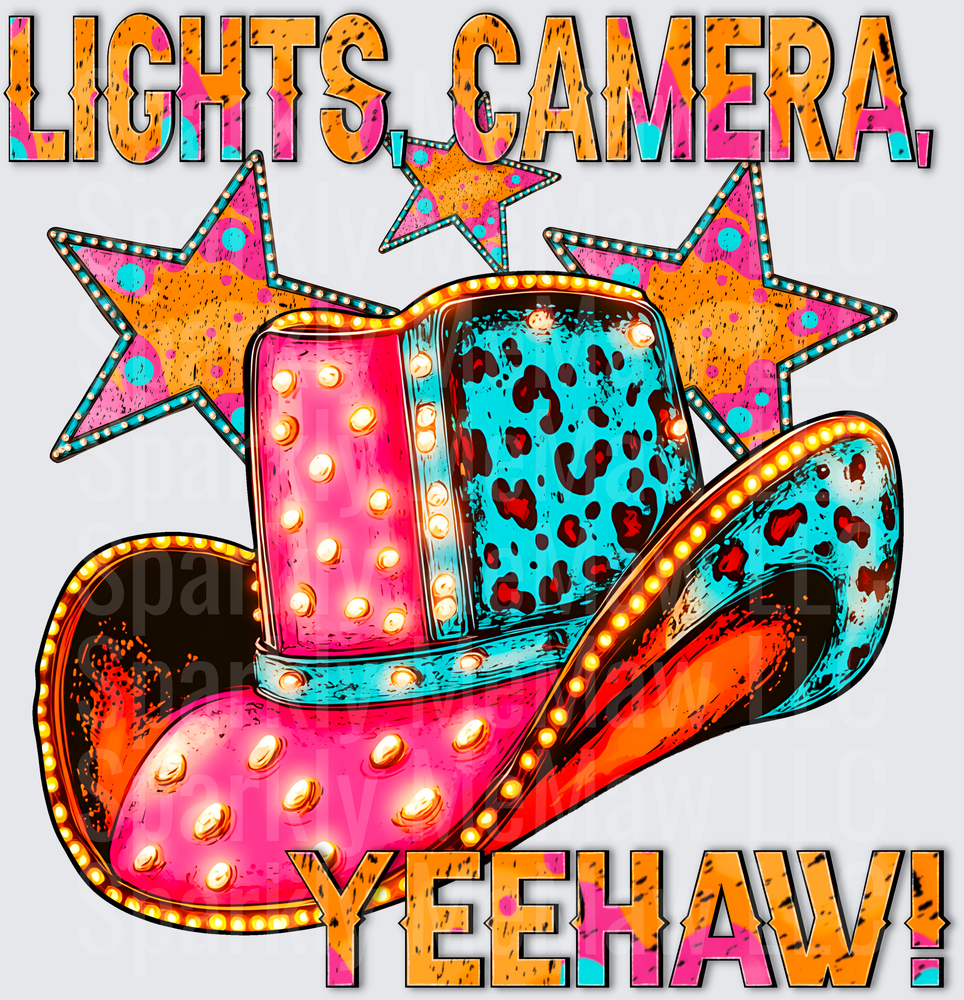Lights Camera Yeehaw Leopard Print Cowboy Hat with Stars UV DTF Decal