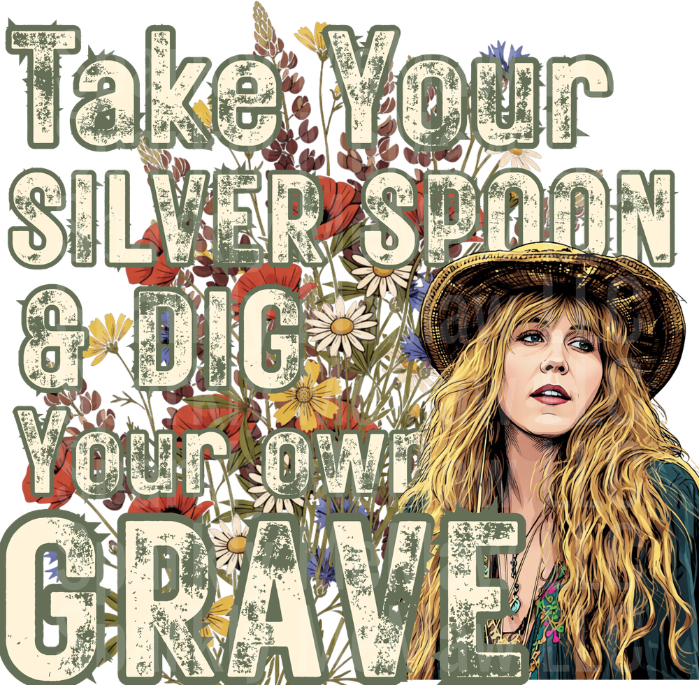 Bohemian Woman with Hat and Wildflowers Take Your Silver Spoon and Dig Your Own Grave Text UV DTF Decal