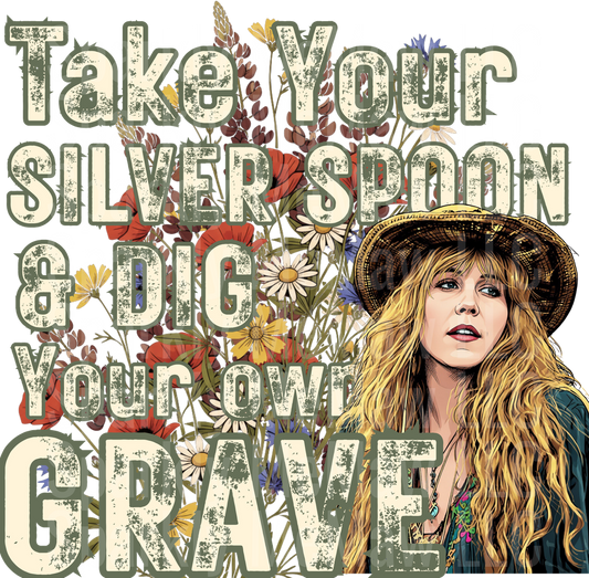 Bohemian Woman with Hat and Wildflowers Take Your Silver Spoon and Dig Your Own Grave Text UV DTF Decal