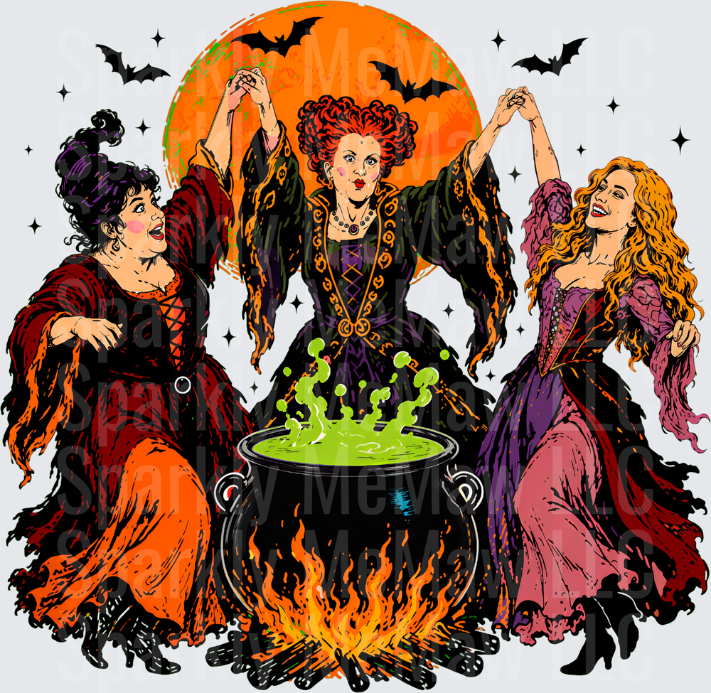 Sanderson Sisters Dancing Around Bubbling Cauldron Halloween Moon Bats DTF Transfer for fabrics
