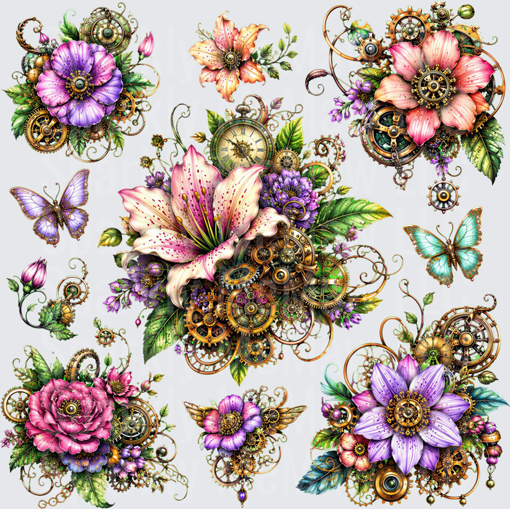 Steampunk Floral Bouquet Collection with Gears Clockwork Butterflies and Colorful Blooms UV DTF 10x10 Element Sheet