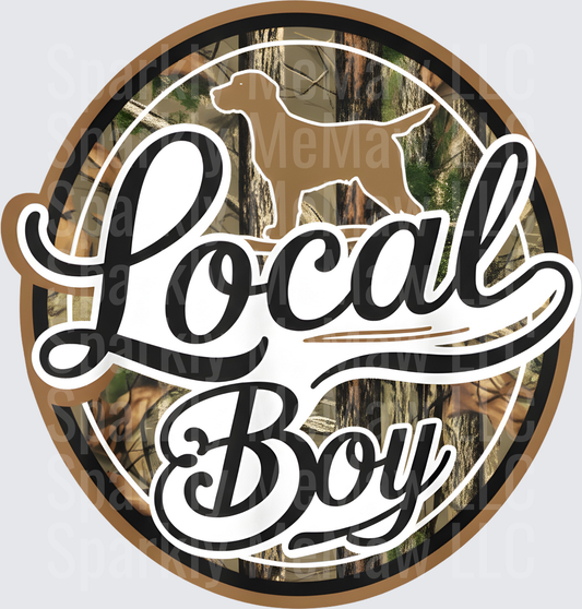 Local Boy Hunting Dog Camo Circle Script Logo UV DTF Decal