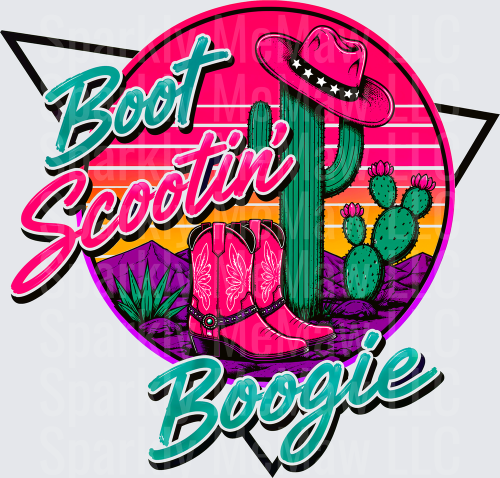 Boot Scootin Boogie Western Desert Scene with Pink Cowboy Hat and Boots UV DTF Decal
