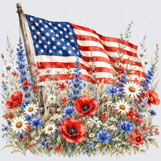 American Flag with Red Poppies White Daisies and Blue Wildflowers UV DTF Decal