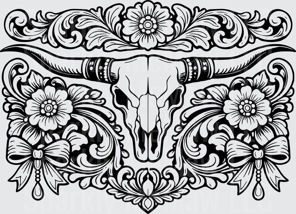 Western Bull Skull with Ornate Victorian Floral Scrollwork UV DTF Decal