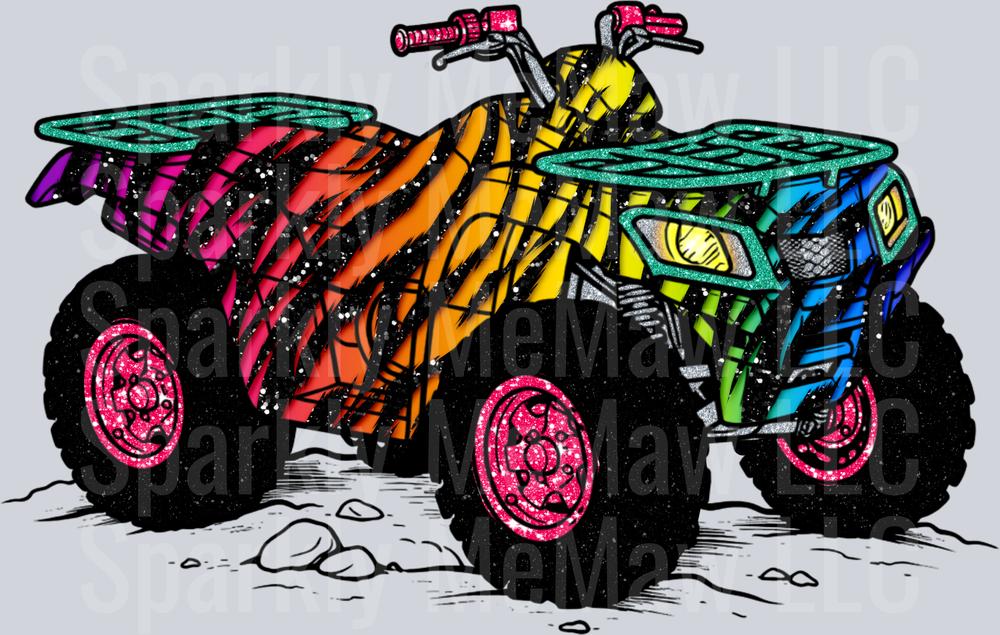 Colorful Rainbow ATV Four Wheeler with Pink Wheels UV DTF Decal