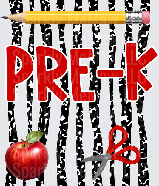 Pre-K Red Apple Pencil and Scissors School Design DTF Transfer for Fabric