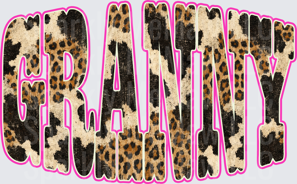 Granny Leopard Print Pink Outline Bold Retro Letters UV DTF Decal