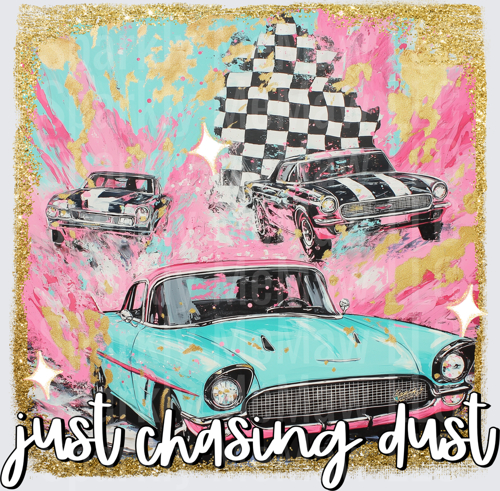 Vintage Muscle Cars with Checkered Flag Racing Theme Just Cruising Dust UV DTF Decal