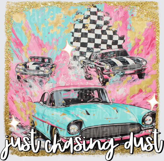 Vintage Muscle Cars with Checkered Flag Racing Theme Just Cruising Dust UV DTF Decal