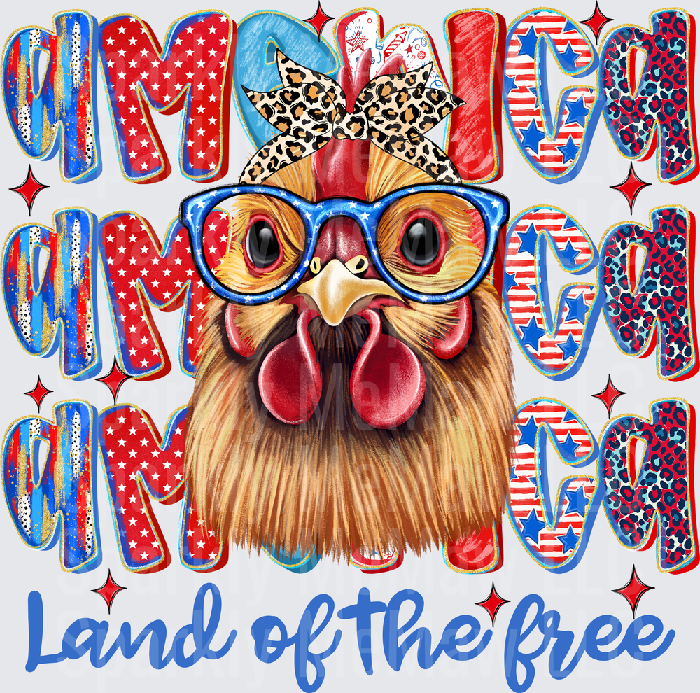 Patriotic Rooster With Leopard Print Bandana And American Flag Glasses America Land Of The Free Red White Blue Stars Stripes DTF Transfer for Fabrics