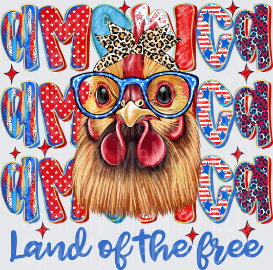 Patriotic Rooster With Leopard Print Bandana And American Flag Glasses America Land Of The Free Red White Blue Stars Stripes DTF Transfer for Fabrics
