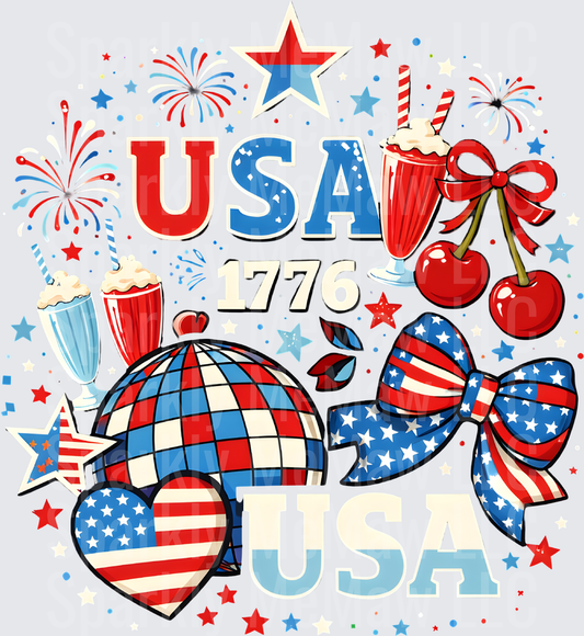 USA 1776 Patriotic Fireworks Milkshake Cherry Bow Independence Day UV DTF Decal