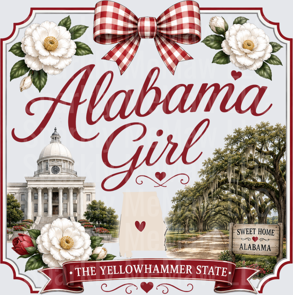 Alabama Girl The Yellowhammer State UV DTF Decal with Red Gingham Bow White Magnolias State Capitol and Sweet Home Alabama Sign