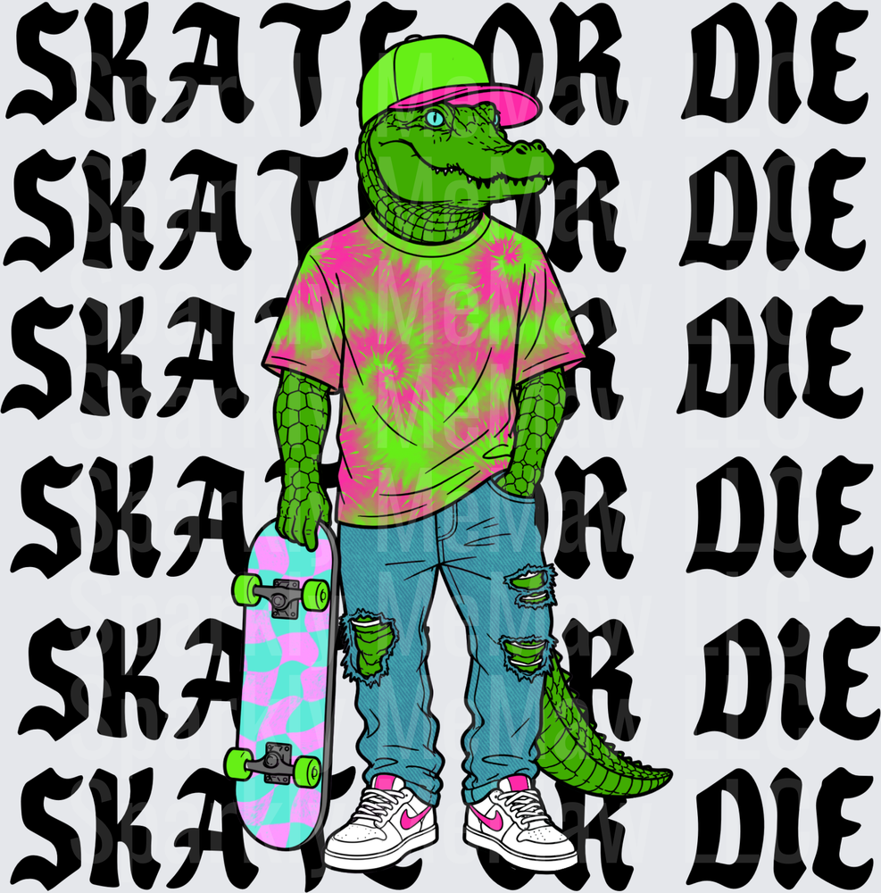 Skate or Die Alligator Skater with Tie Dye Shirt and Ripped Jeans DTF Transfer