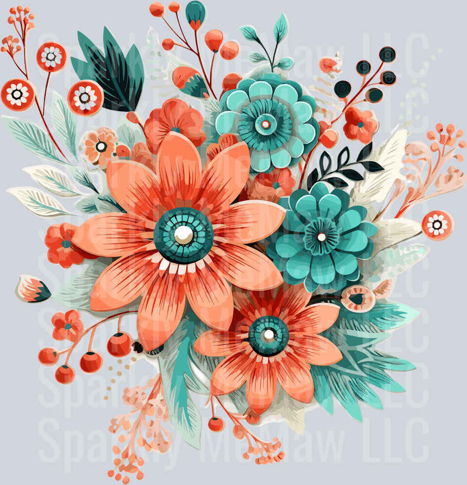 5 Teal and Coral Clip Art UV DTF Decal