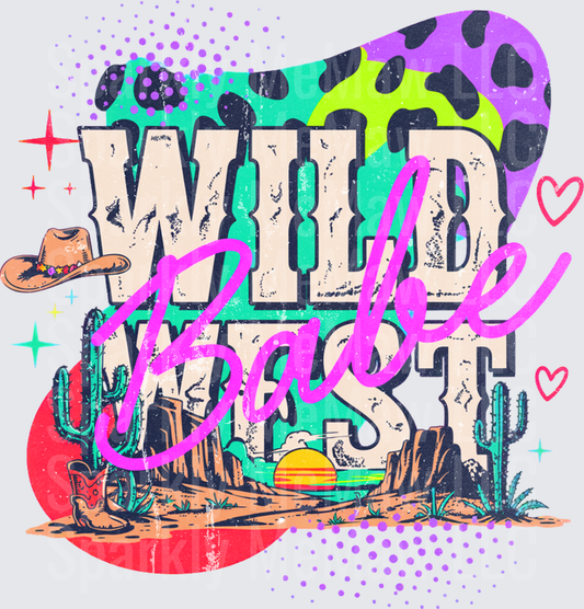 Wild West Babe Retro Western Cowgirl Desert Sunset Cactus Cow Print Colorful DTF Transfer for Fabrics