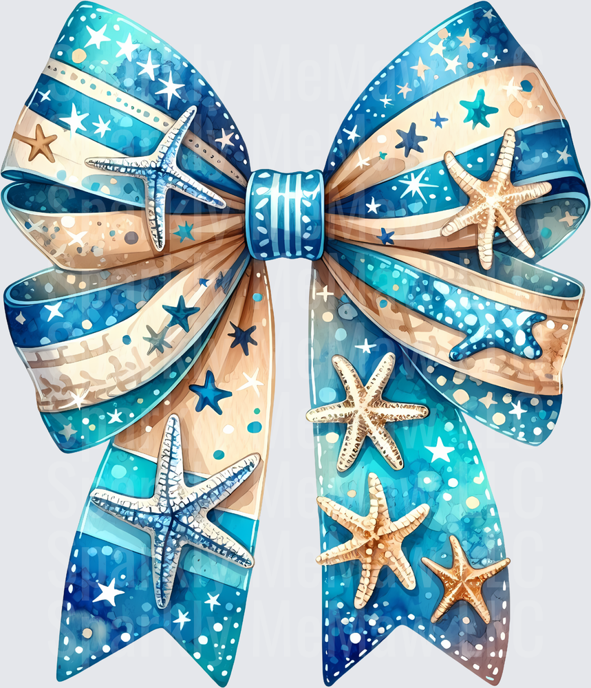Ocean Blue Starfish and Stars Decorative Bow with Sandy Beach Stripes