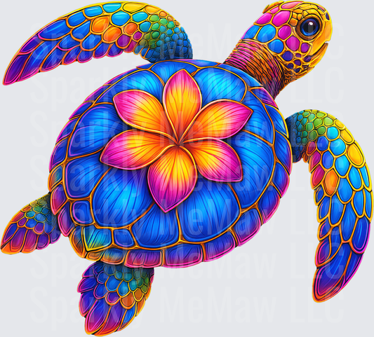 Vibrant Rainbow Sea Turtle with Tropical Plumeria Flower UV DTF Decal